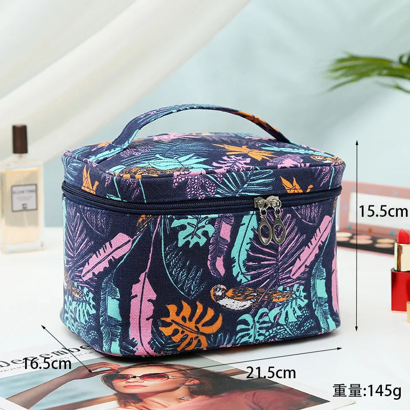 Canvas Leaf Print Cosmetic Bag for Women Makeup Storage Travel Beauty Organizer