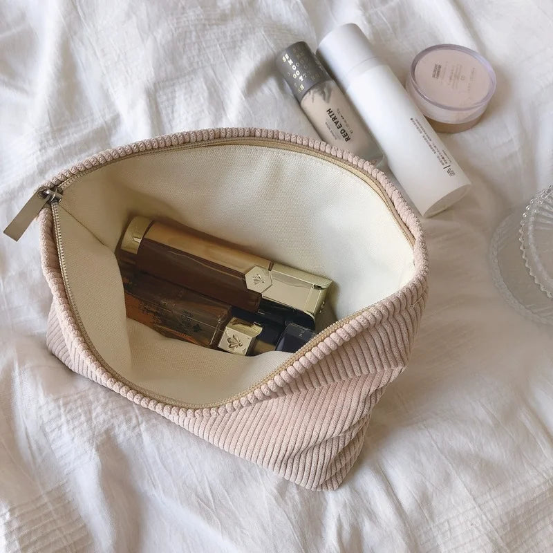 Soft Corduroy Makeup Bag Large Solid Cosmetic Bag Travel Makeup Storage