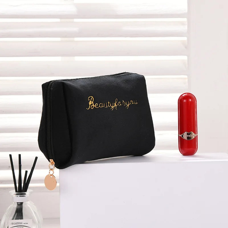 Velvet Makeup Bag Travel Cosmetic Pouch Zipper Large Solid Female Necessaries
