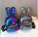 Sequin Faux Fur Rabbit Ears Backpack Girls Glitter PU Leather Shoulder Bag