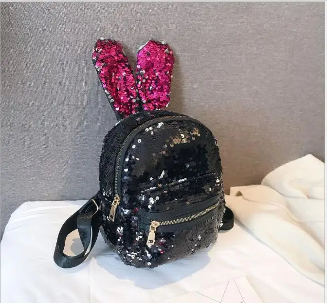 Sequin Faux Fur Rabbit Ears Backpack Girls Glitter PU Leather Shoulder Bag