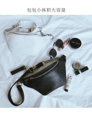 10 Inch Chest Bag Women's Waist Bag Pu Messenger Bag Black Single Shoulder Ch