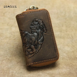 Leather Car Key Wallet Men Key Holder Housekeeper Horse Carving Keychain Covers