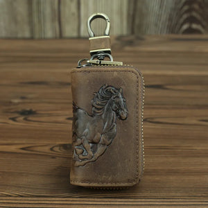 Leather Car Key Wallet Men Key Holder Housekeeper Horse Carving Keychain Covers