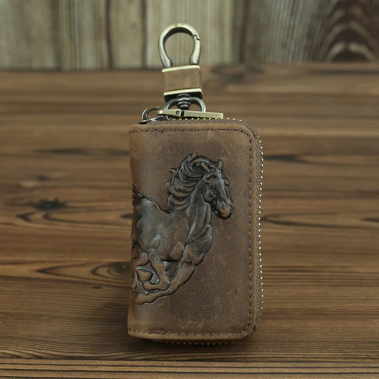 Leather Car Key Wallet Men Key Holder Housekeeper Horse Carving Keychain Covers