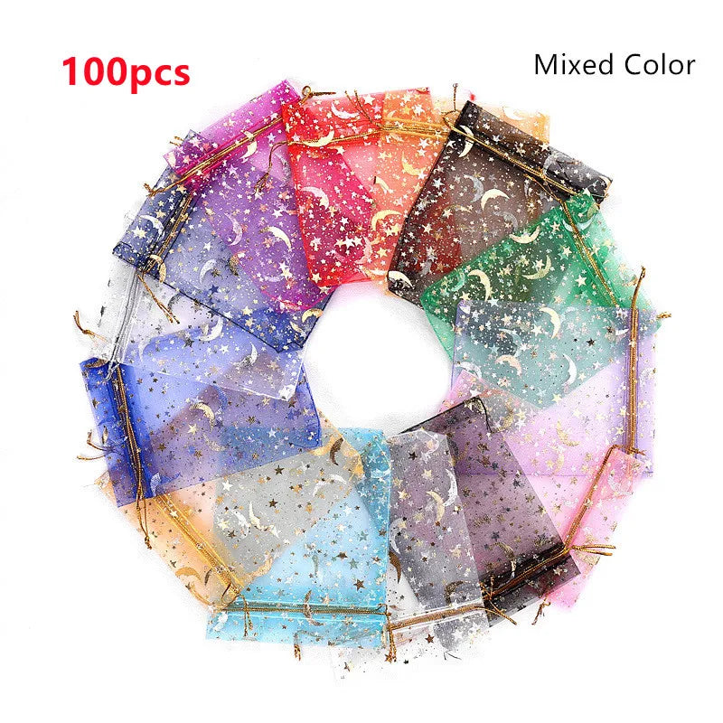100pcs Moon Star Organza Bags 7x9cm Christmas Drawstring Gift Bag
