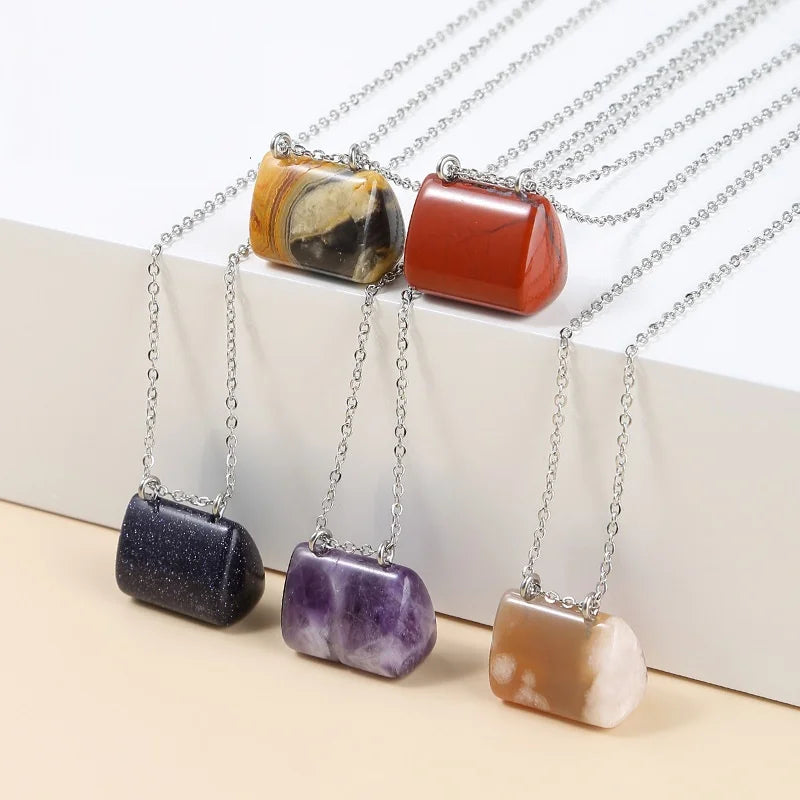 10pcs Natural Stone Mini Bag Pendant Healing Crystal Reiki Handbag Gemstone Neck