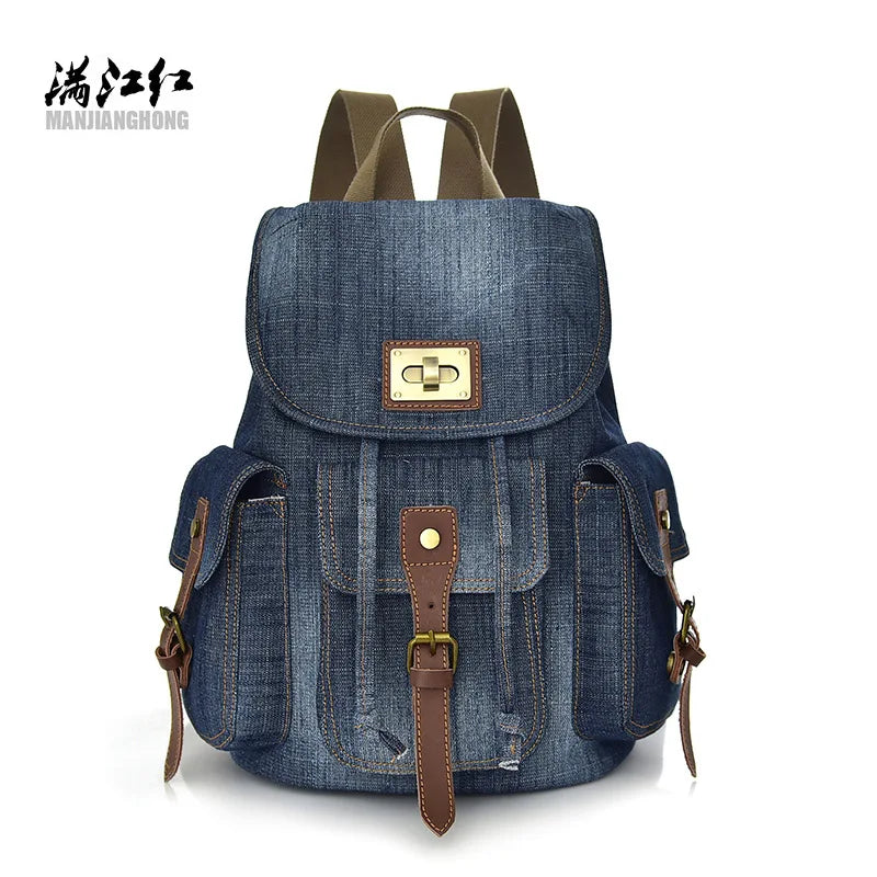 Lady Denim Vintage Backpack Female Casual Travel Bag
