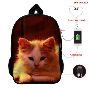 16 Inch Cat Print School Bag with USB Cable for Boys Girls Backpack