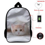 16 Inch Cat Print School Bag with USB Cable for Boys Girls Backpack
