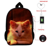 16 Inch Cat Print School Bag with USB Cable for Boys Girls Backpack