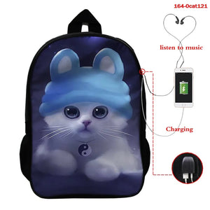 16 Inch Cat Print School Bag with USB Cable for Boys Girls Backpack