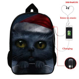 16 Inch Cat Print School Bag with USB Cable for Boys Girls Backpack