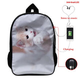 16 Inch Cat Print School Bag with USB Cable for Boys Girls Backpack