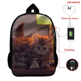 16 Inch Cat Print School Bag with USB Cable for Boys Girls Backpack