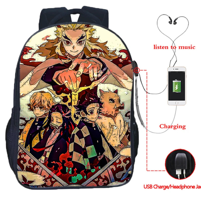 16 Inch Demon Slayer USB Backpack Kimetsu No Yaiba School Bag