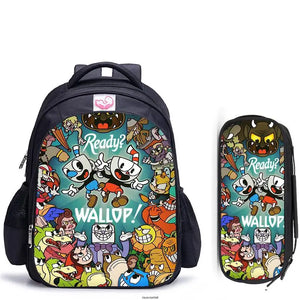 16 Inch Cuphead Game Mugman Children School Bags Orthopedic Backpack