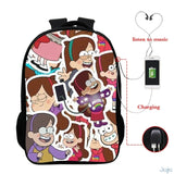 16" Gravity Falls USB Charge Backpack Cartoon School Bag