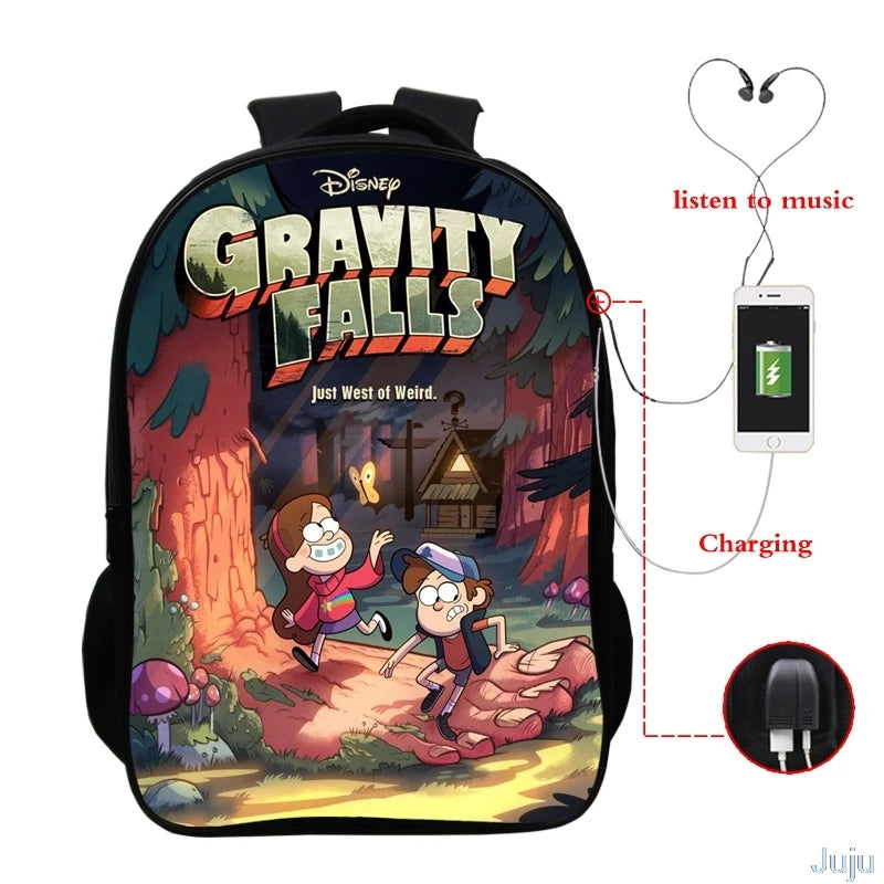 16" Gravity Falls USB Charge Backpack Cartoon School Bag