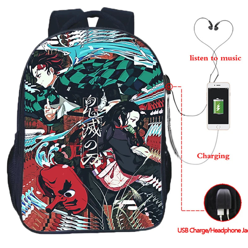 16inch Anime Demon Slayer USB Backpack Kimetsu No Yaiba School Bag