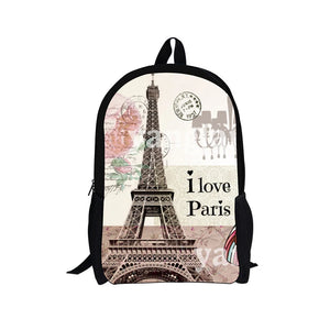 16" Eiffel Tower Print Backpack Vintage Canvas School Bag for Girls
