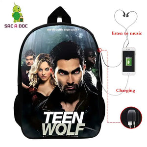 16in Teen Wolf Print Backpack Schoolbag Laptop USB Charging Travel