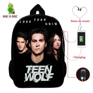 16in Teen Wolf Print Backpack Schoolbag Laptop USB Charging Travel