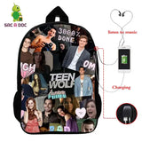 16in Teen Wolf Print Backpack Schoolbag Laptop USB Charging Travel