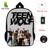 16in Teen Wolf Print Backpack Schoolbag Laptop USB Charging Travel