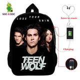 16in Teen Wolf Print Backpack Schoolbag Laptop USB Charging Travel