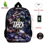 16in Teen Wolf Print Backpack Schoolbag Laptop USB Charging Travel