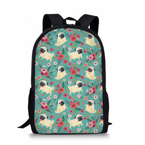 17 Inch Floral French Bulldog Print School Bag For Kids Backpack
