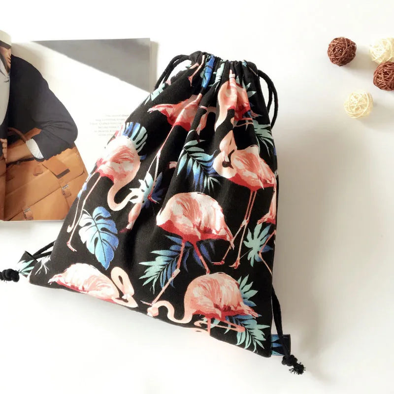 Pink Flamingo Backpack Bag Women Lady Backpacks Canvas Drawstring Bags Sack Pack