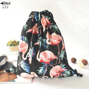 Pink Flamingo Backpack Bag Women Lady Backpacks Canvas Drawstring Bags Sack Pack