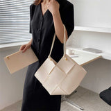 Large Capacity Women's Woven Tote Bag Pu Shoulder Handbag for Travel Shopping