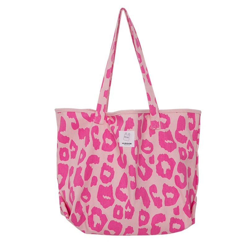 Pink Leopard Shoulder Bag Large Capacity Women's Bag Canvas Bucket Handbag