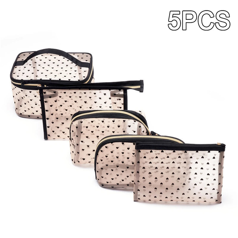 Mesh Cosmetic Bag Portable Zipper Pouch Love Makeup Bags Travel Accessories