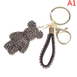 Rhinestone Leather Strap Car Key Chain with Bear Animal Pendant