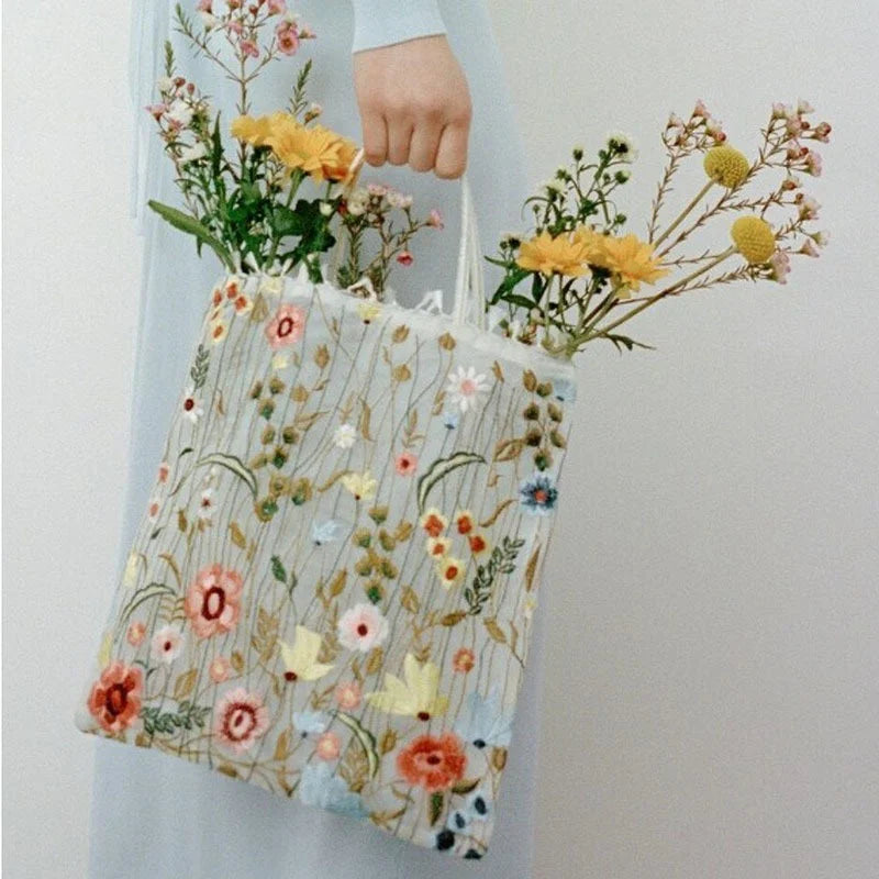 Summer Mesh Floral Embroidery Clear Tote Shoulder Bag