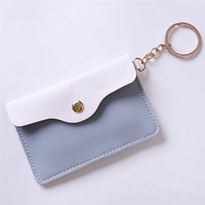 Women Girl Leather ID Card Holder Keychain Bags Badge Key Ring Wallet