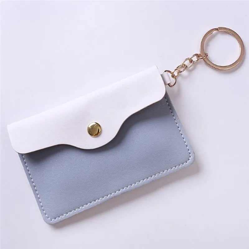 Women Girl Leather ID Card Holder Keychain Bags Badge Key Ring Wallet