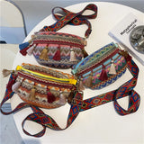Women Messenger Bag Colorful Tassel Straw Woven Ethnic Style Chest Bag Waist Bag