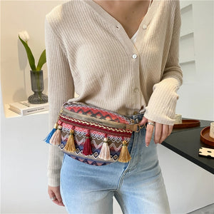 Women Messenger Bag Colorful Tassel Straw Woven Ethnic Style Chest Bag Waist Bag