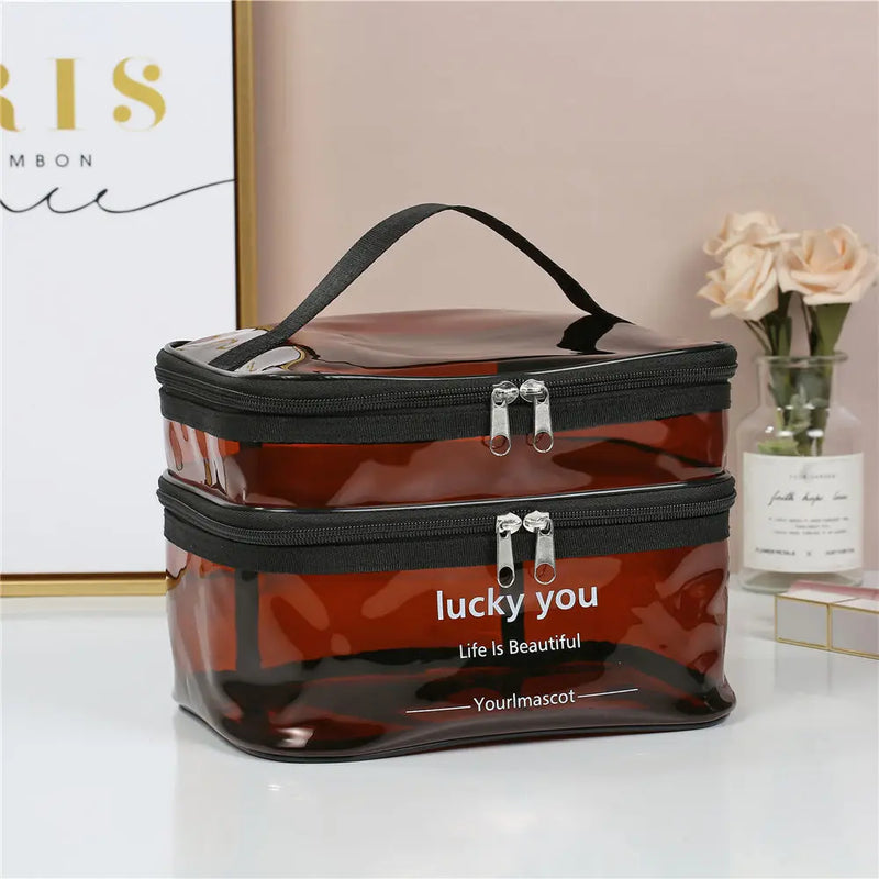 Transparent Double Layer Travel Cosmetic Bag Jelly Large Capacity