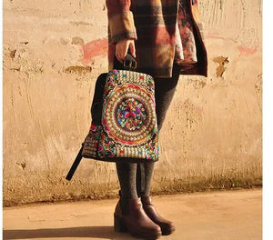 Vintage Ethnic Embroidery Canvas Backpack Floral Travel Bag