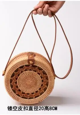 Woven Rattan Bag Round Straw Shoulder Bag Small Beach Women