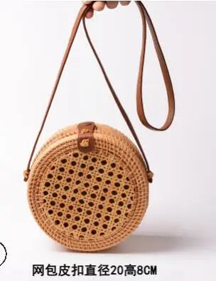 Woven Rattan Bag Round Straw Shoulder Bag Small Beach Women