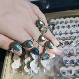 Labradorite Ring Grey Moonstone inlay Moon night Silver Organic gems