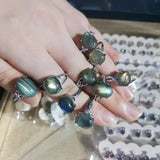 Labradorite Ring Grey Moonstone inlay Moon night Silver Organic gems