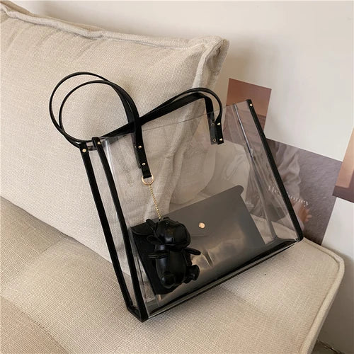 2 Pcs Green Transparent PVC Jelly Shoulder Bag Women Large Capacity Tote
